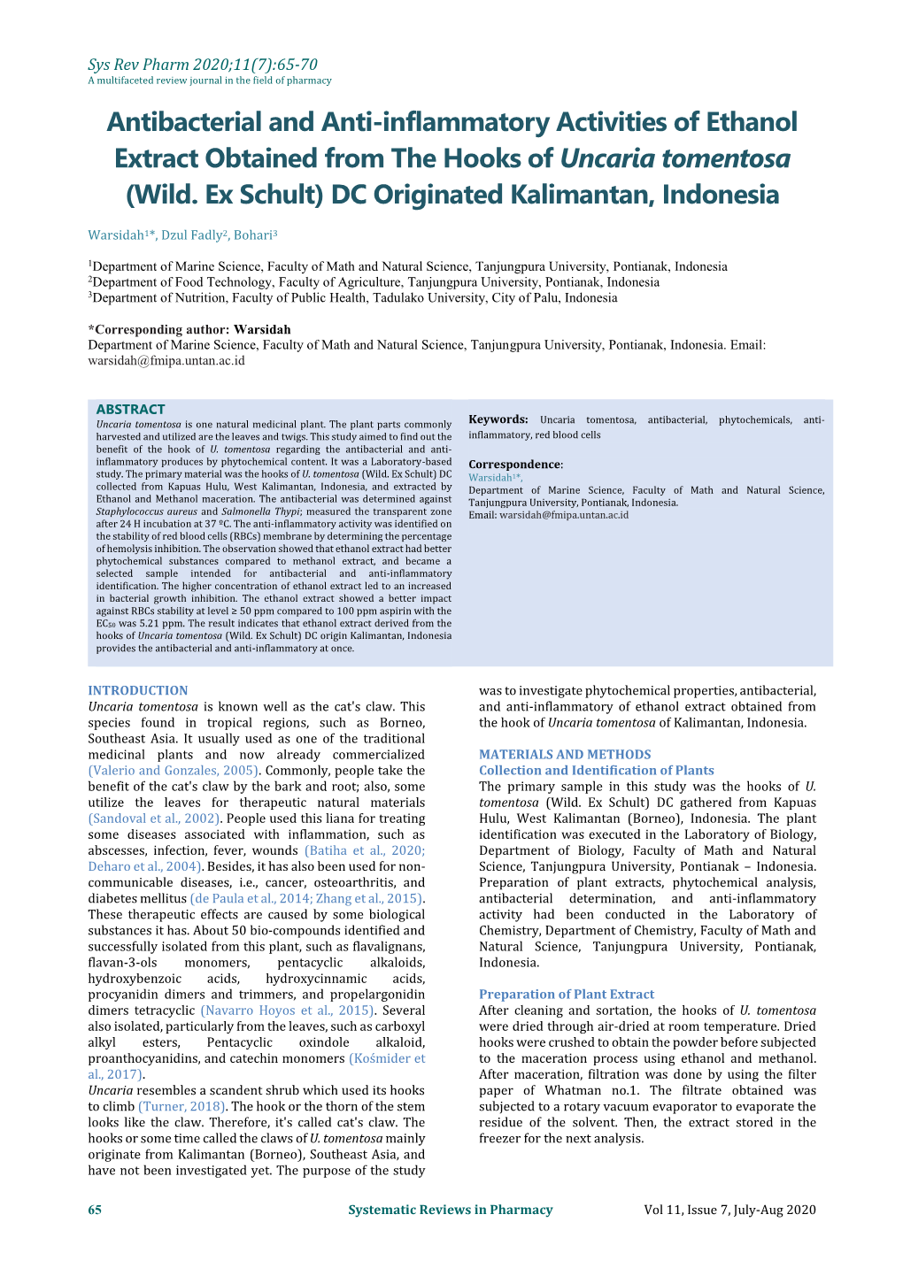 Antibacterial and Anti-Inflammatory Activities of Ethanol Extract Obtained from the Hooks of Uncaria Tomentosa (Wild