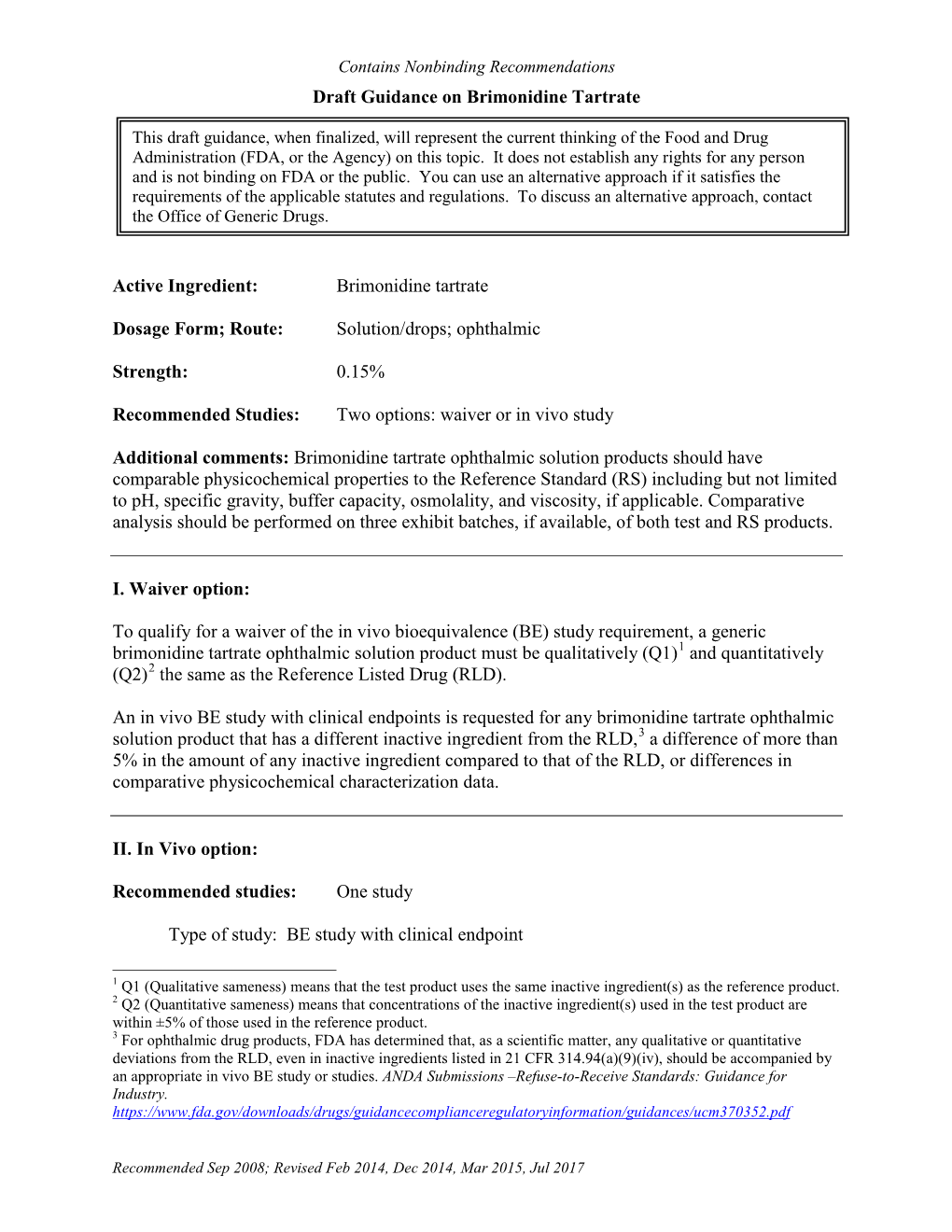 Draft Guidance on Brimonidine Tartrate