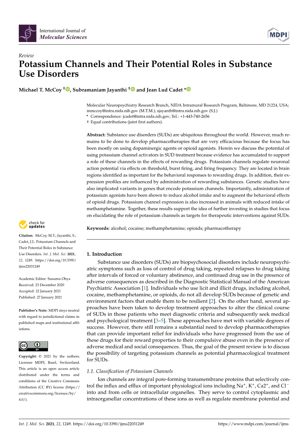 Potassium Channels and Their Potential Roles in Substance Use Disorders