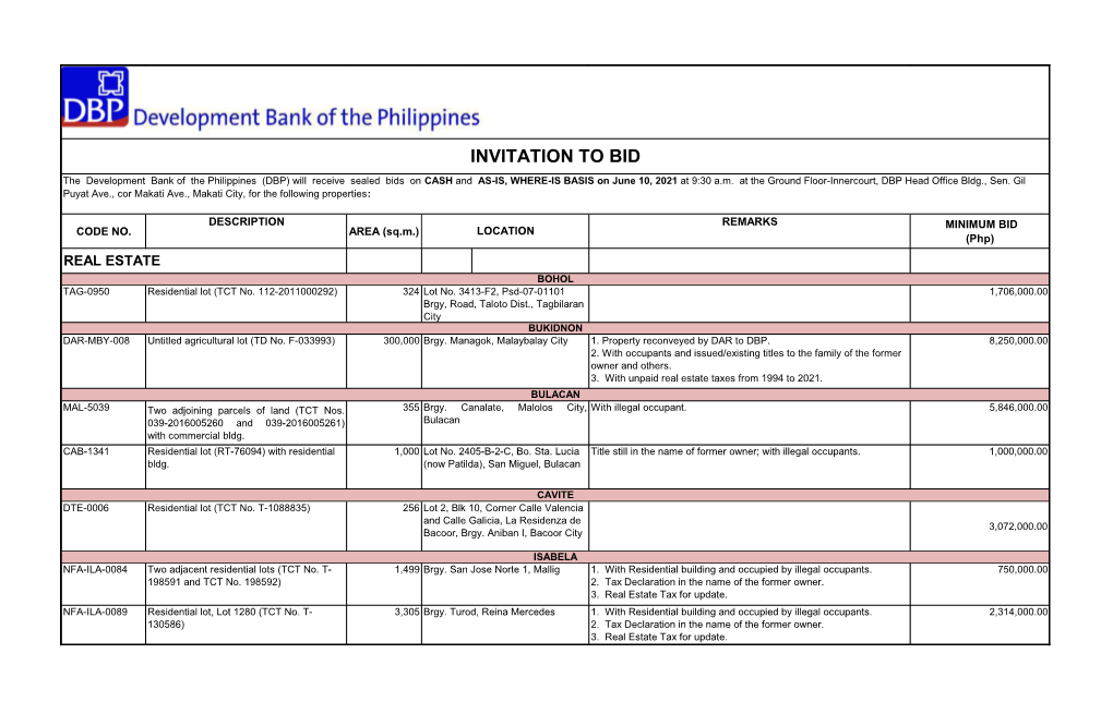 INVITATION to BID the Development Bank of the Philippines (DBP) Will Receive Sealed Bids on CASH and AS-IS, WHERE-IS BASIS on June 10, 2021 at 9:30 A.M