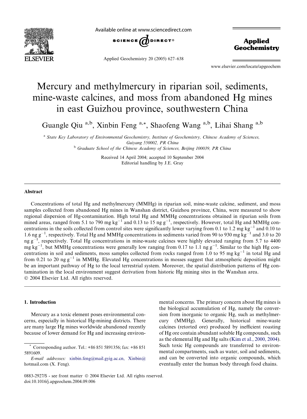 Mercury and Methylmercury in Riparian Soil, Sediments, Mine-Waste Calcines, and Moss from Abandoned Hg Mines in East Guizhou Province, Southwestern China