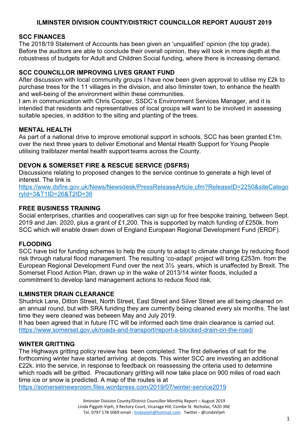 Ilminster Division County/District Councillor Report August 2019