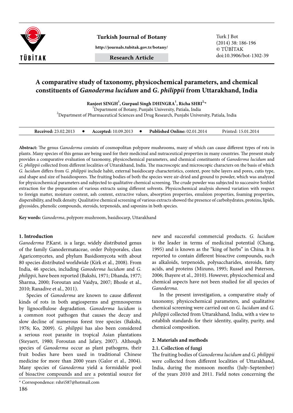 A Comparative Study of Taxonomy, Physicochemical Parameters, and Chemical Constituents of Ganoderma Lucidum and G. Philippii from Uttarakhand, India
