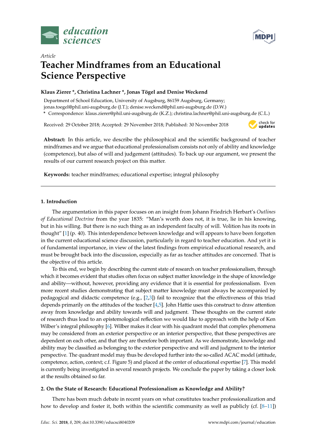 Teacher Mindframes from an Educational Science Perspective