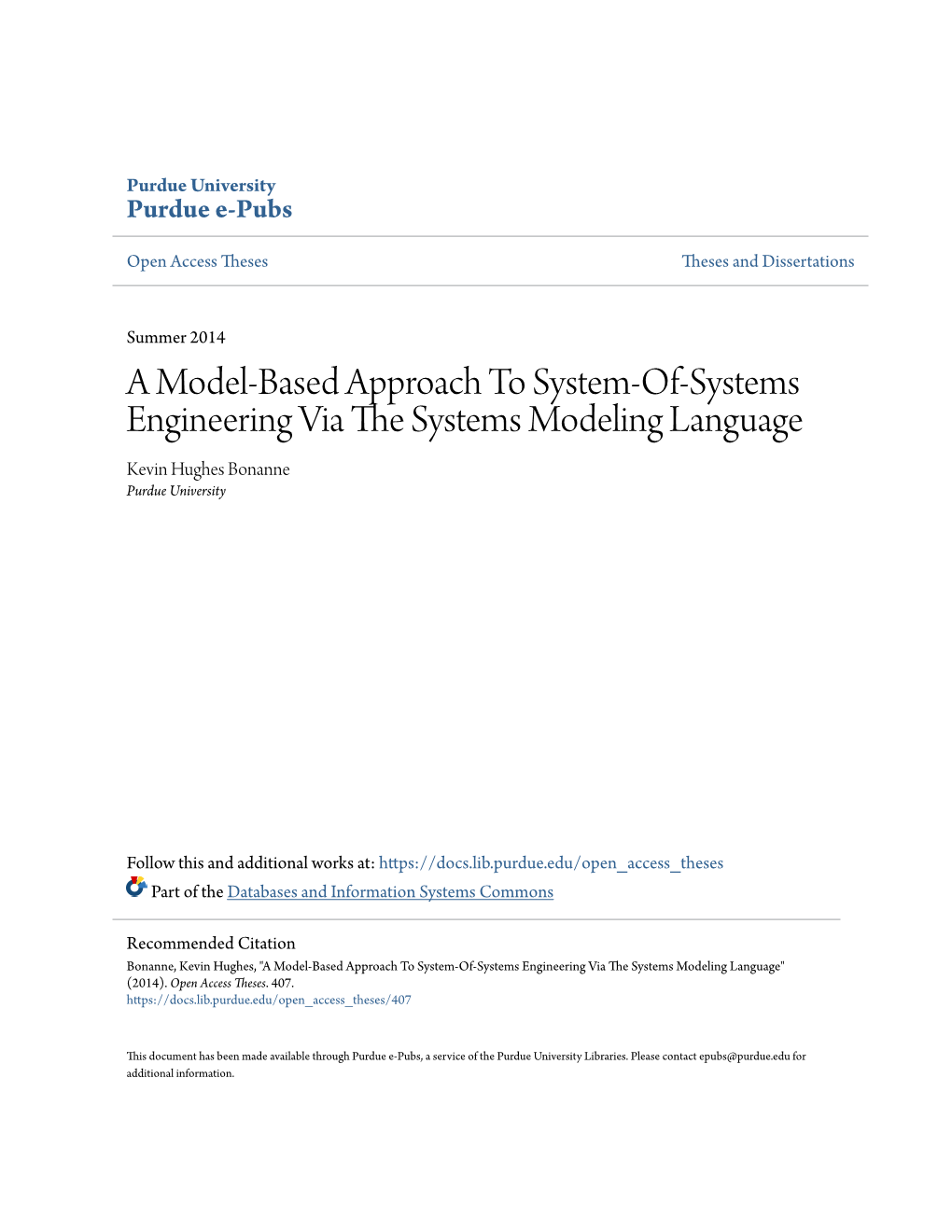 A Model-Based Approach to System-Of-Systems Engineering Via the Yss Tems Modeling Language Kevin Hughes Bonanne Purdue University