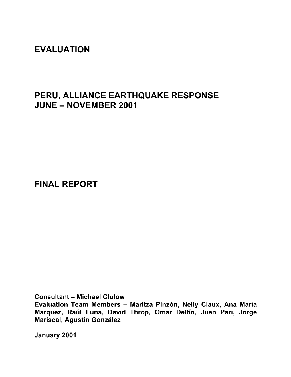 Evaluation Peru, Alliance Earthquake