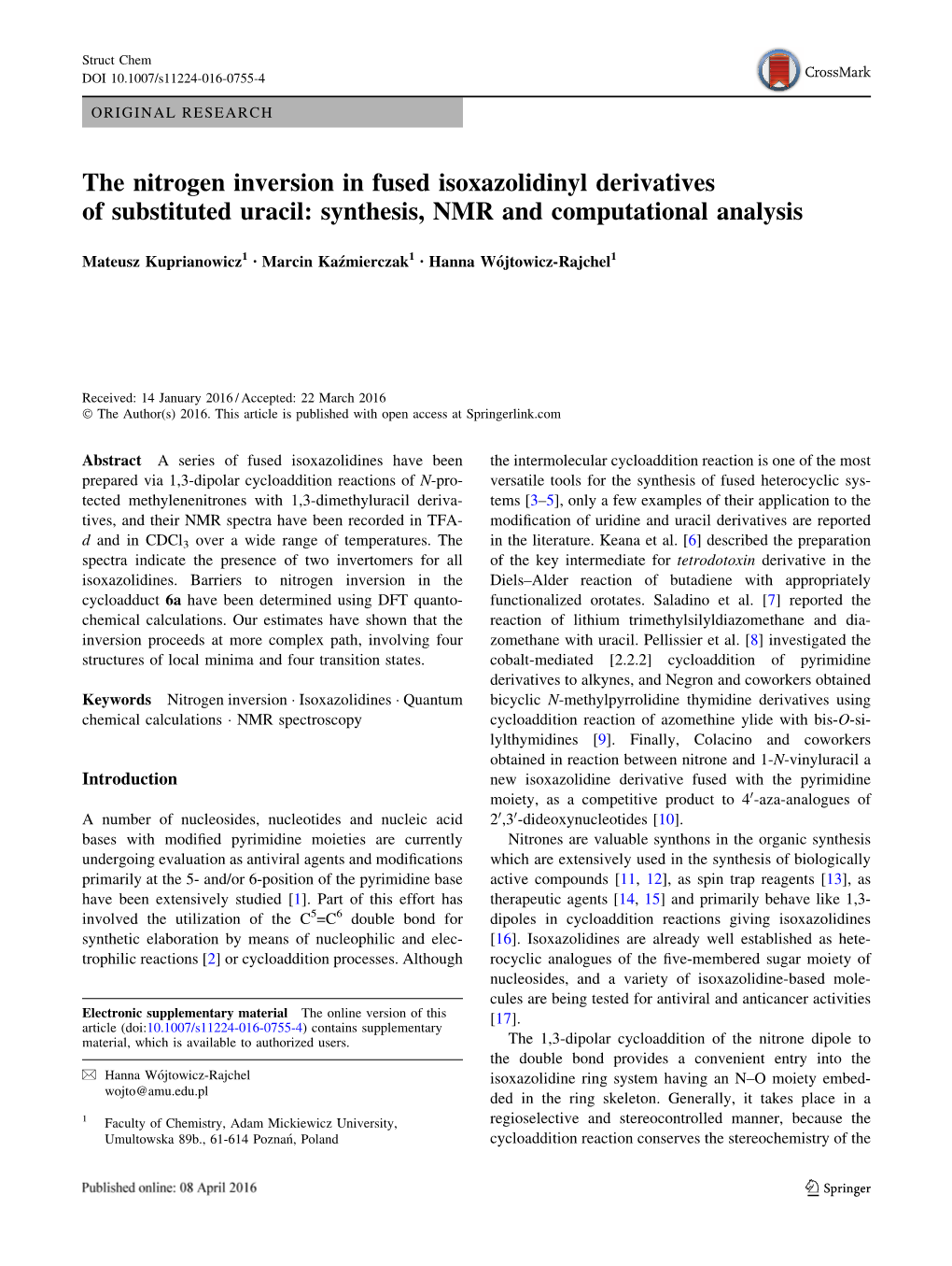 The Nitrogen Inversion in Fused Isoxazolidinyl Derivatives of Substituted Uracil: Synthesis, NMR and Computational Analysis