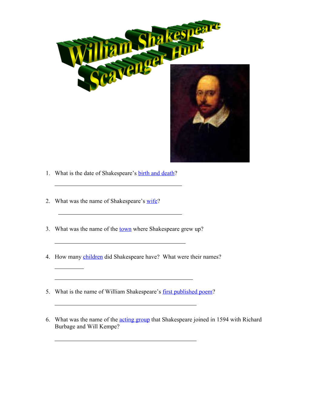 Shakespeare Internet Scavenger Hunt