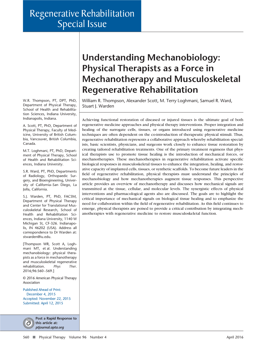 Physical Therapists As a Force in Mechanotherapy and Musculoskeletal Regenerative Rehabilitation W.R