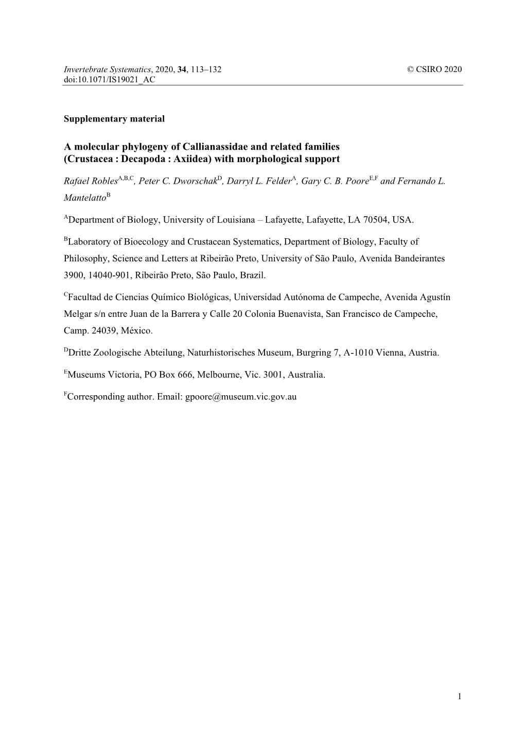 A Molecular Phylogeny of Callianassidae and Related Families (Crustacea : Decapoda : Axiidea) with Morphological Support