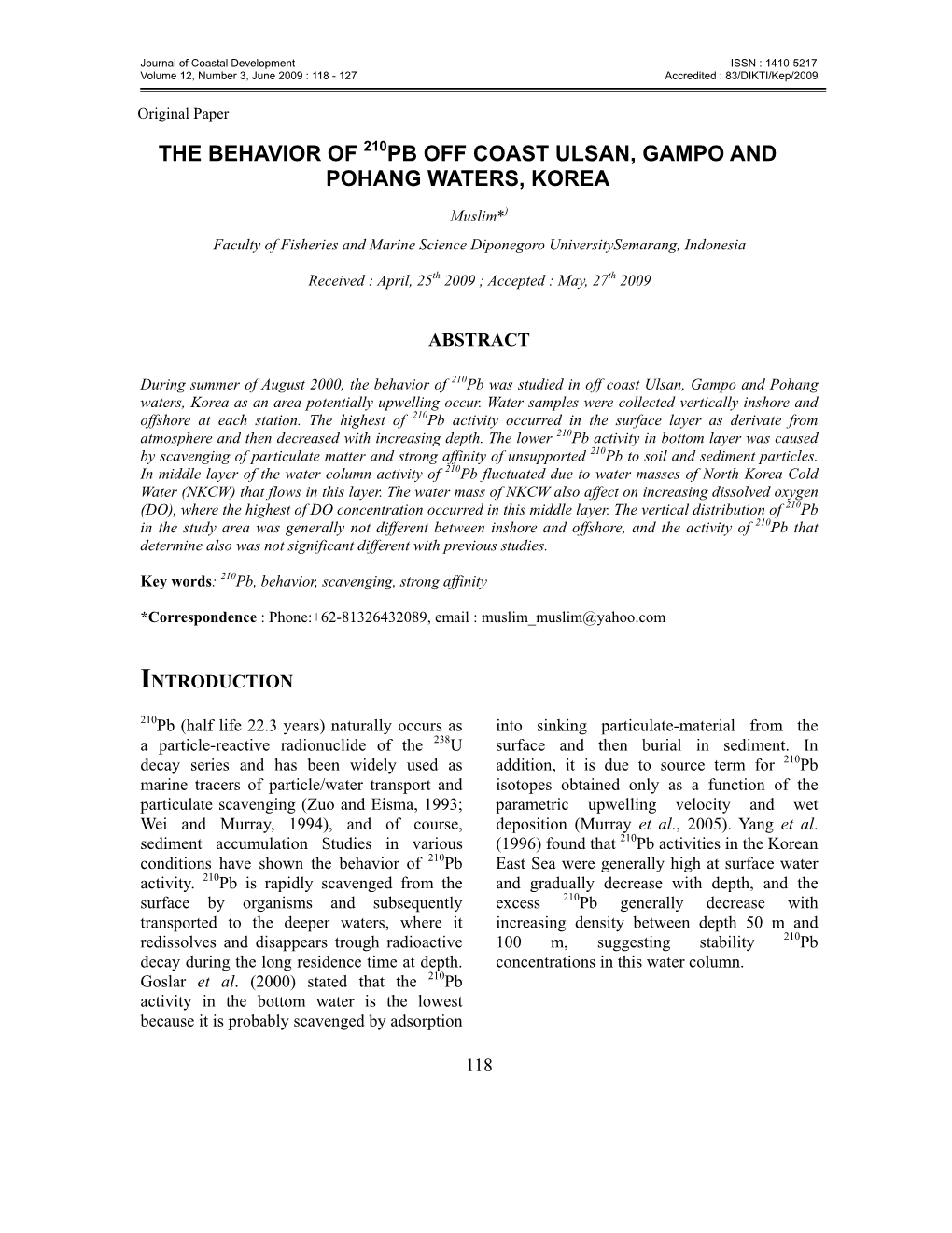 The Behavior of Pb Off Coast Ulsan, Gampo and Pohang Waters, Korea