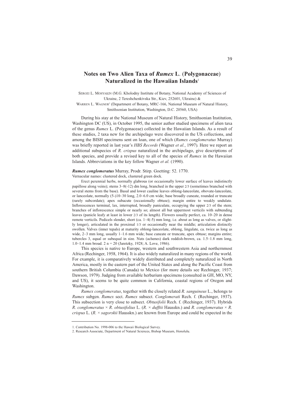 Notes on Two Alien Taxa of Rumex L. (Polygonaceae) Naturalized in the Hawaiian Islands1