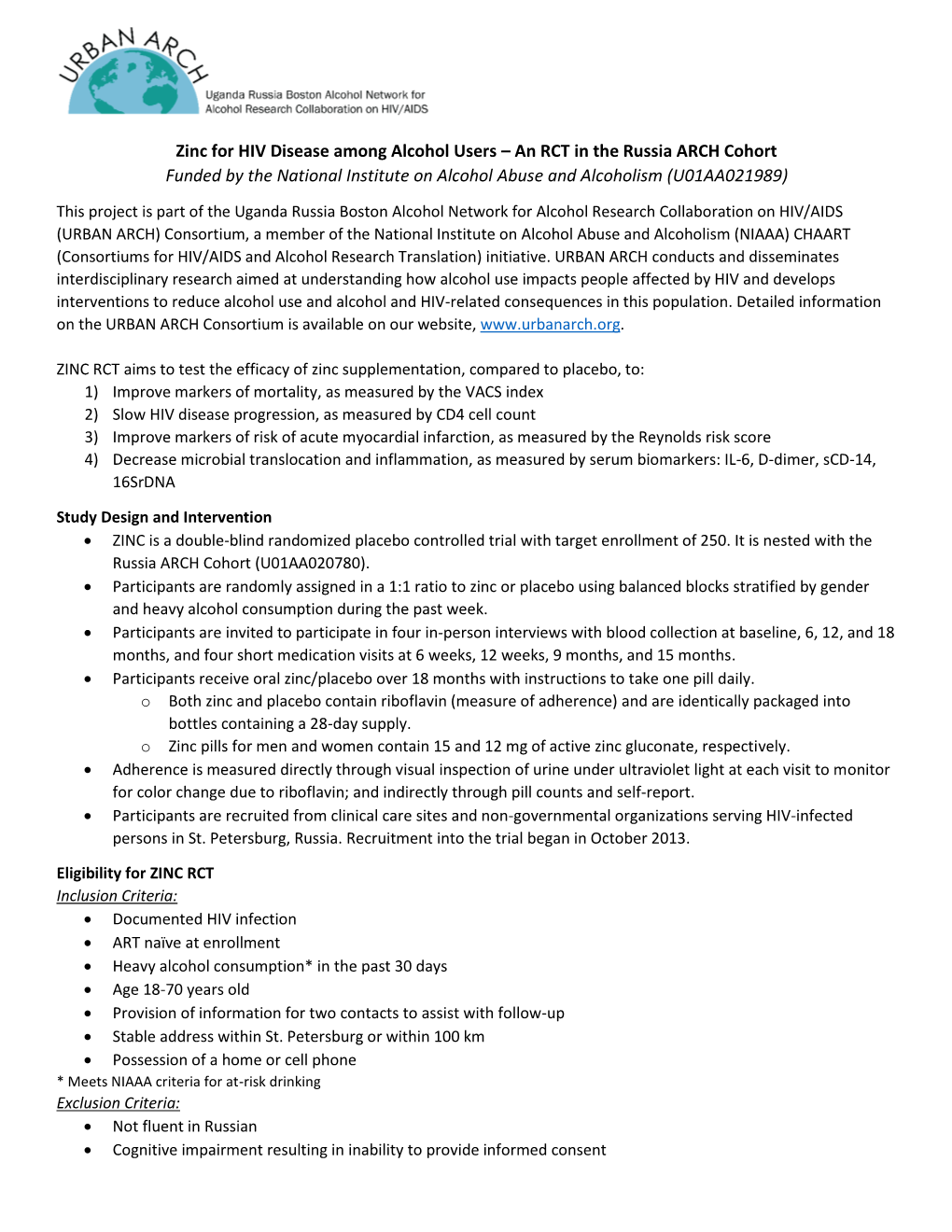 Zinc for HIV Disease Among Alcohol Users – an RCT in the Russia ARCH Cohort Funded by the National Institute on Alcohol Abuse and Alcoholism (U01AA021989)