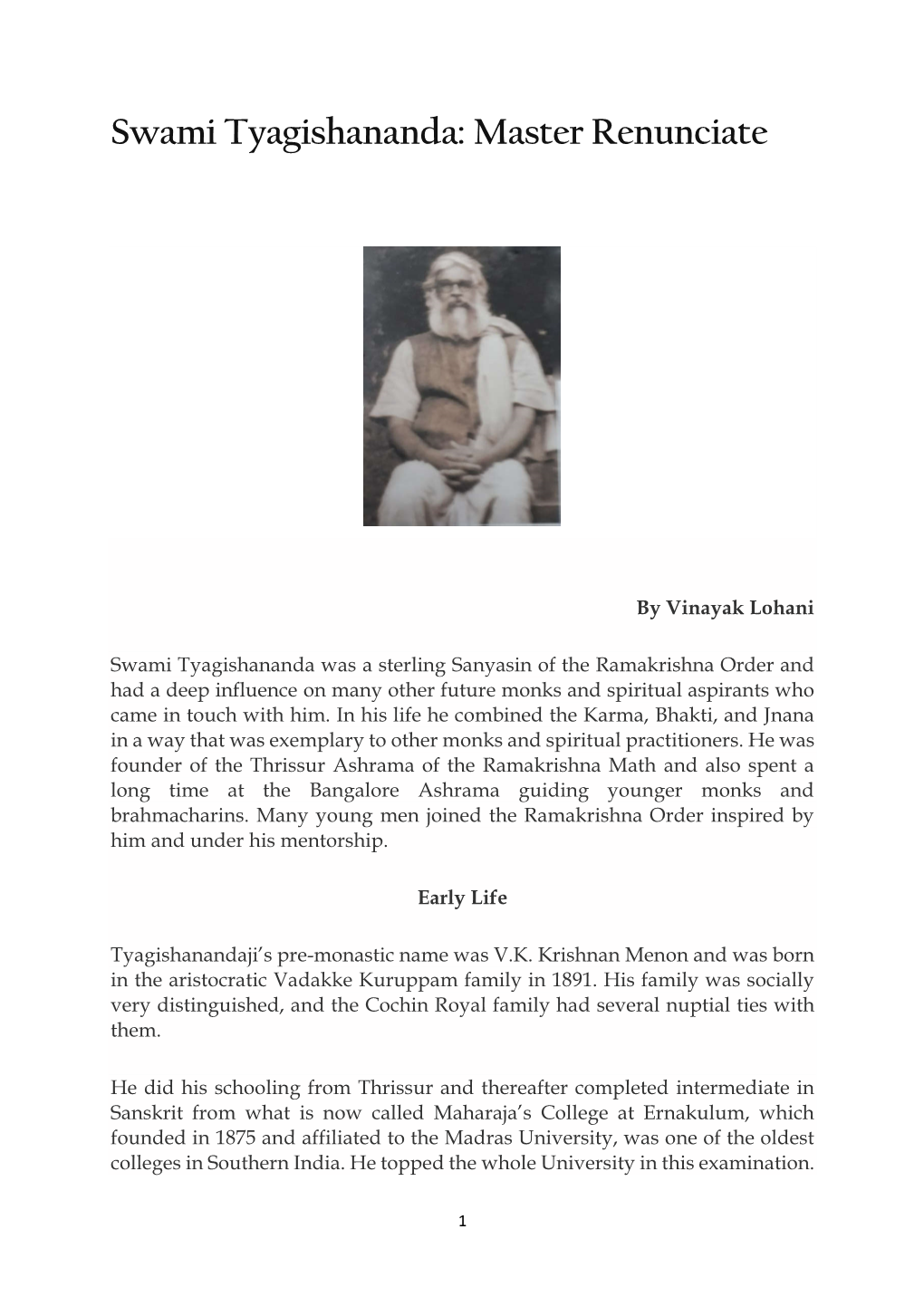 Swami Tyagishananda: Master Renunciate
