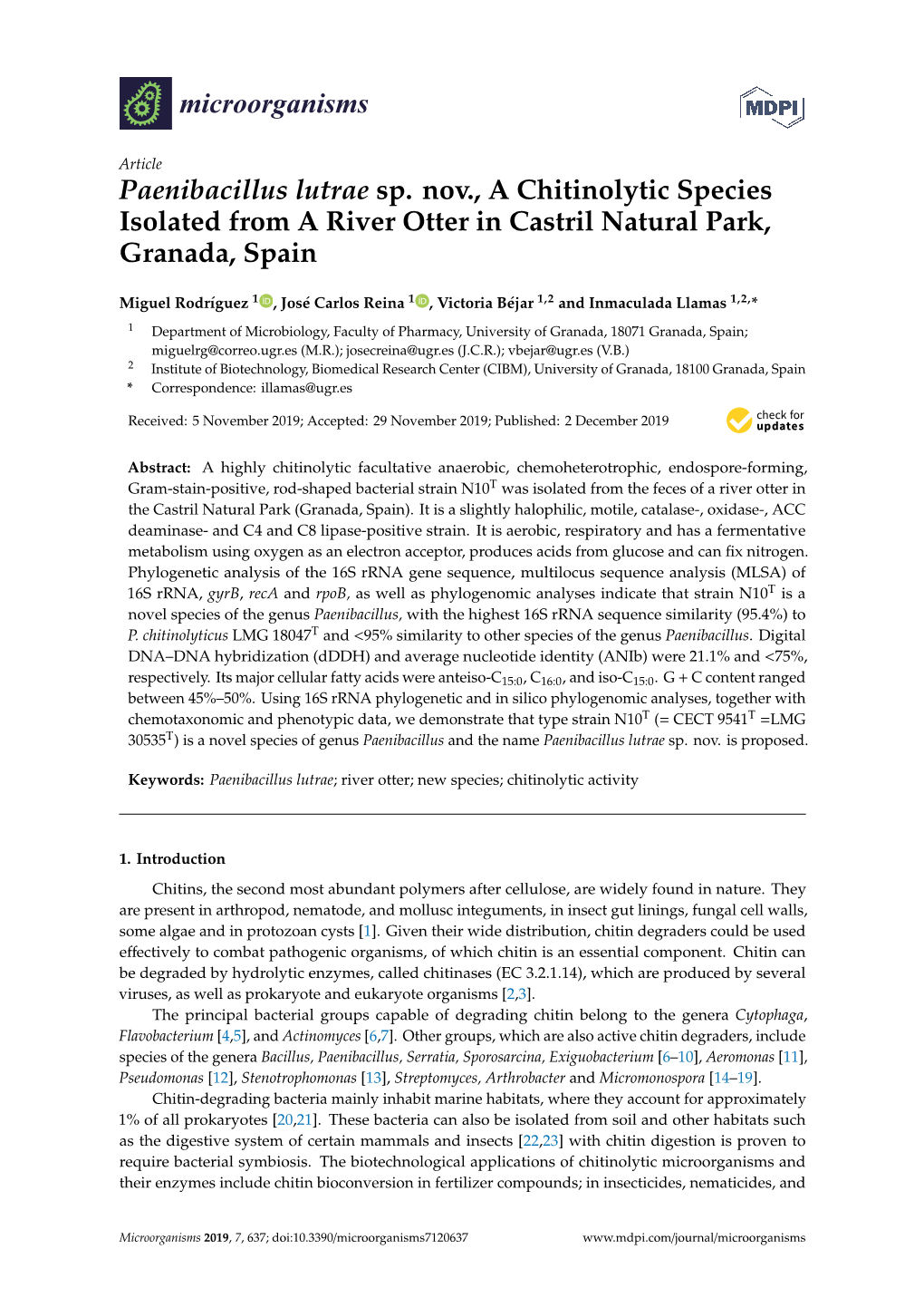 Paenibacillus Lutrae Sp. Nov., a Chitinolytic Species Isolated from a River Otter in Castril Natural Park, Granada, Spain