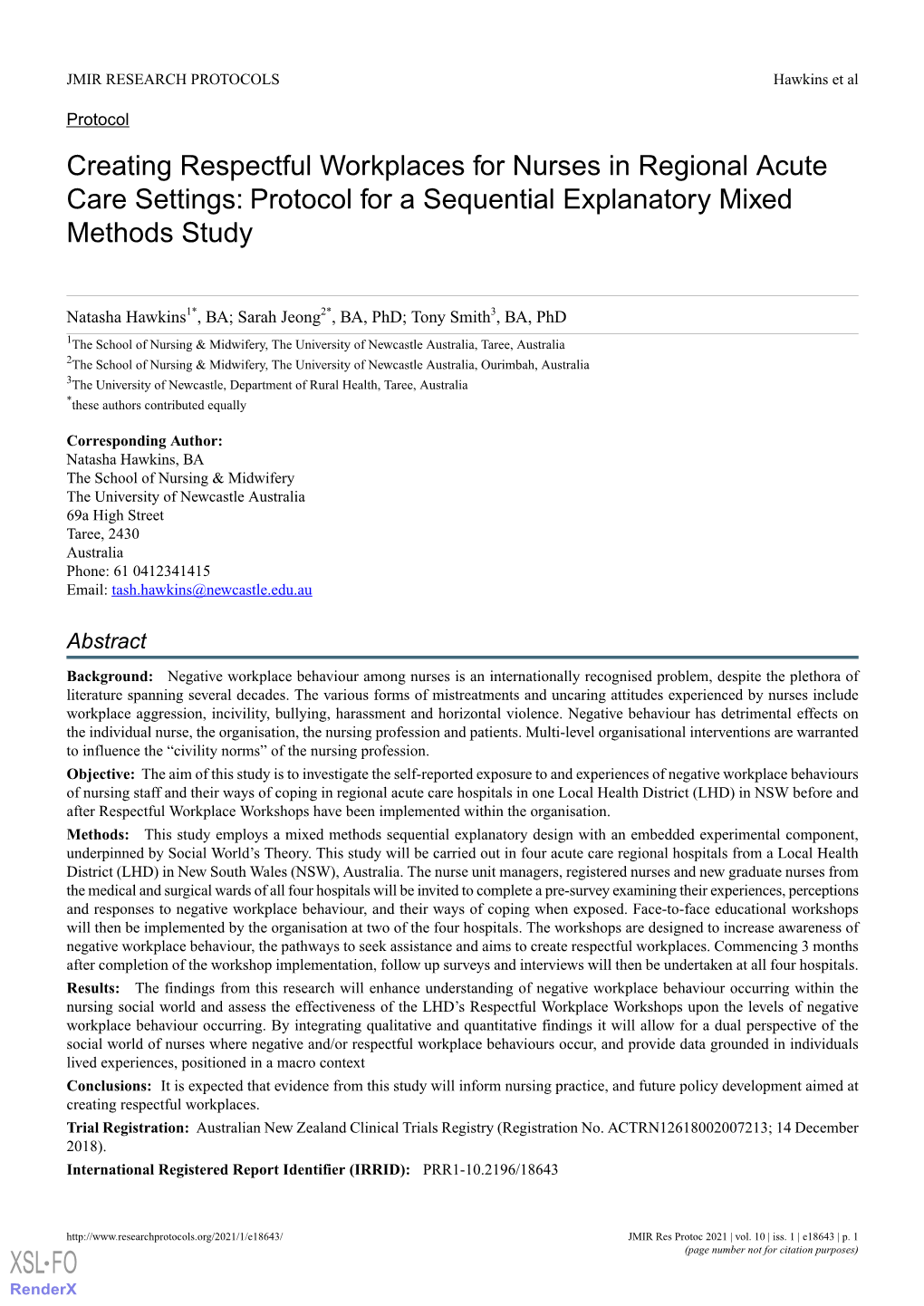 Creating Respectful Workplaces for Nurses in Regional Acute Care Settings: Protocol for a Sequential Explanatory Mixed Methods Study