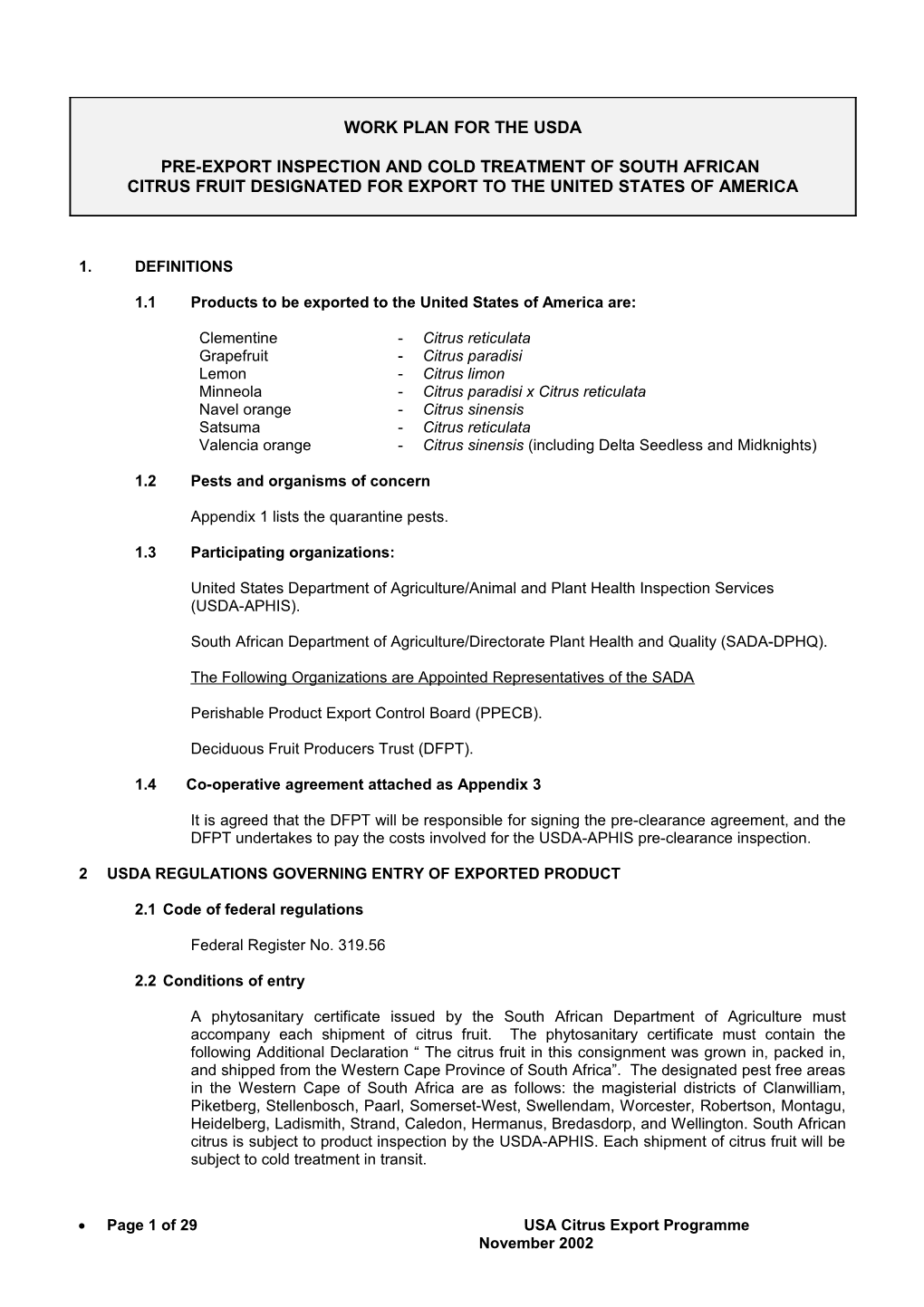 Work Plan for the Usda