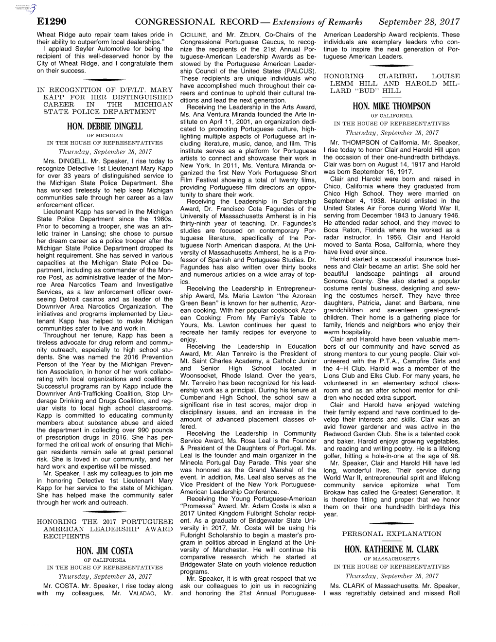 CONGRESSIONAL RECORD— Extensions of Remarks E1290 HON. DEBBIE DINGELL HON. JIM COSTA HON. MIKE THOMPSON HON. KATHERINE M. CLAR