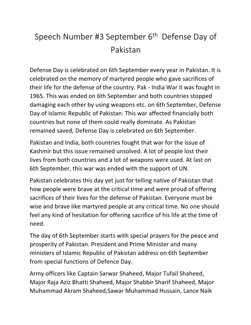 Speech Number #3 September 6Th Defense Day of Pakistan