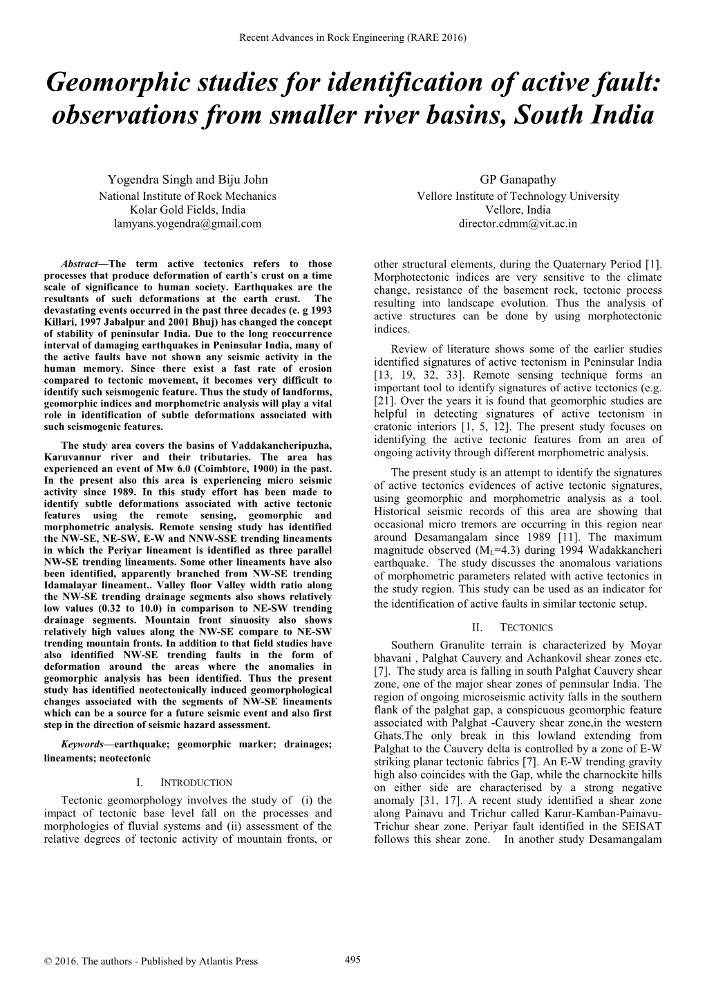 Geomorphic Studies for Identification of Active Fault: Observations from Smaller River Basins, South India