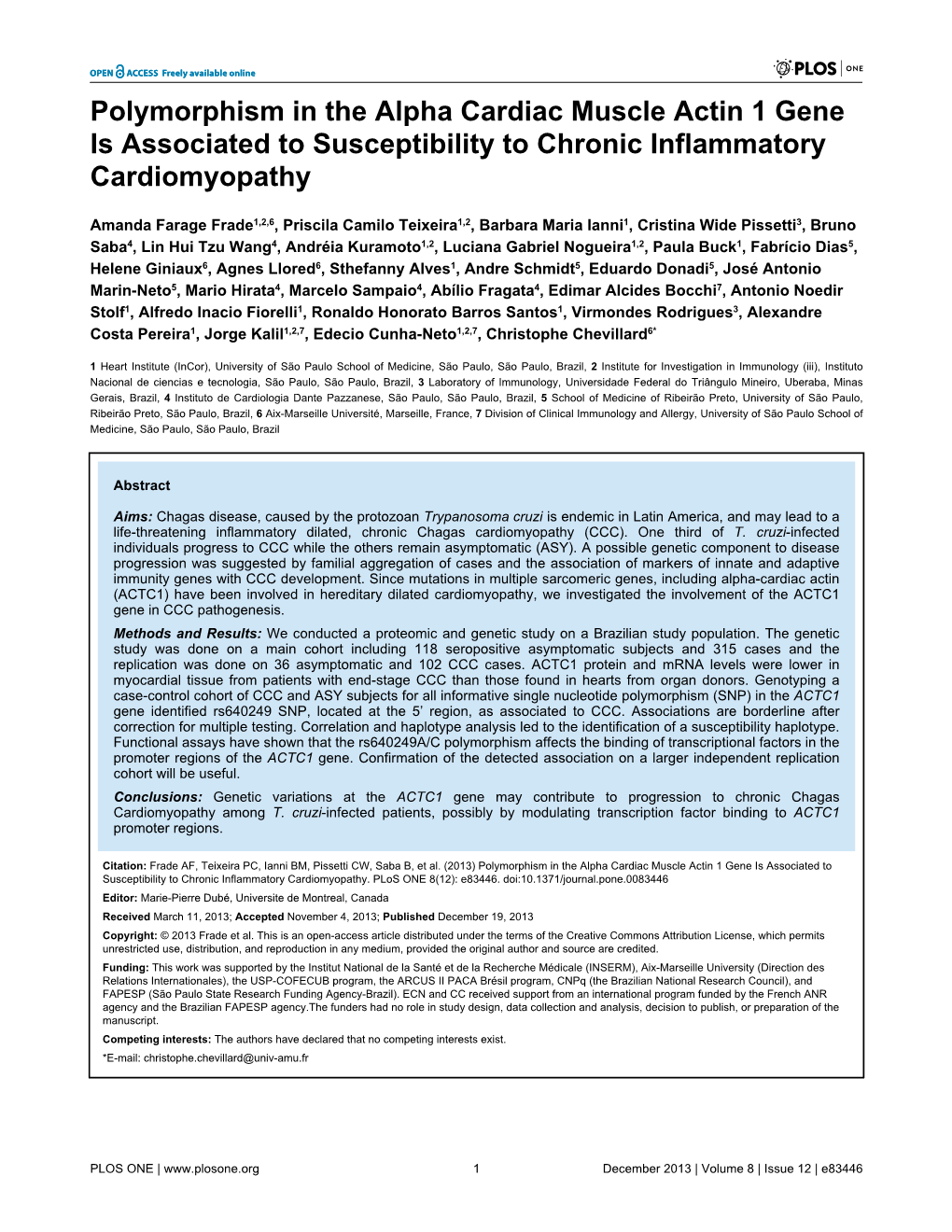 Polymorphism in the Alpha Cardiac Muscle Actin 1 Gene Is Associated to Susceptibility to Chronic Inflammatory Cardiomyopathy