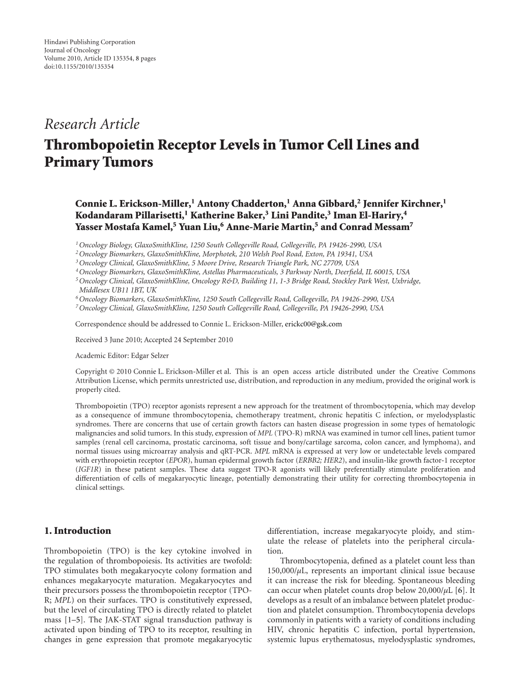 Thrombopoietin Receptor Levels in Tumor Cell Lines and Primary Tumors