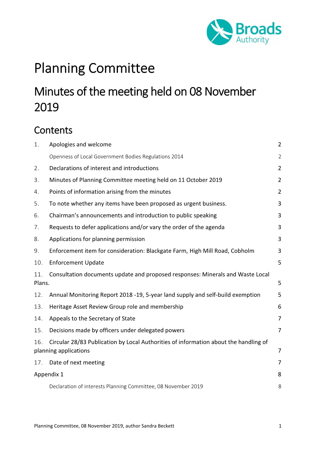 Planning Committee Minutes of the Meeting Held on 08 November 2019