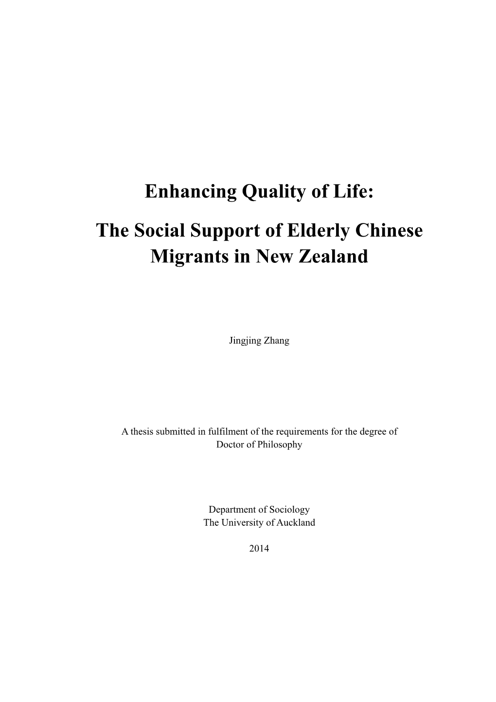 The Social Support of Elderly Chinese Migrants in New Zealand