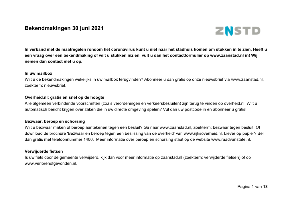 Bekendmakingen 30 Juni 2021