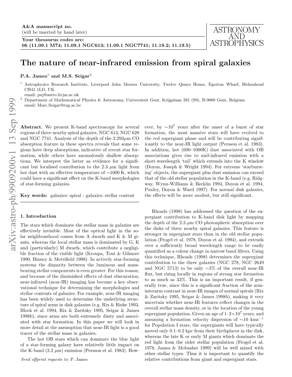 ASTRONOMY and ASTROPHYSICS the Nature of Near-Infrared Emission from Spiral Galaxies