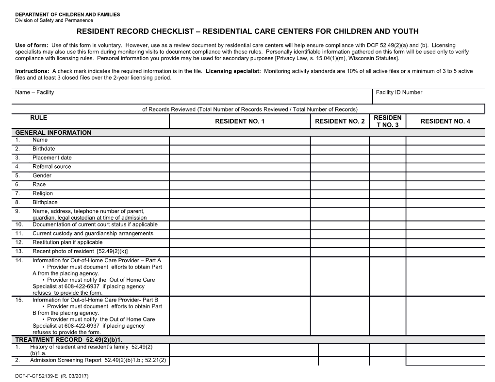 Resident Record Checklist - Residential Care Centers for Children and Youth, CFS-2139