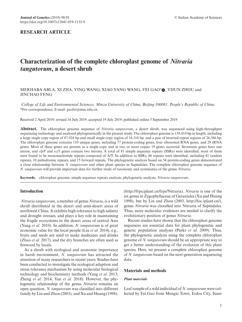 Characterization of the Complete Chloroplast Genome of Nitraria Tangutorum, a Desert Shrub