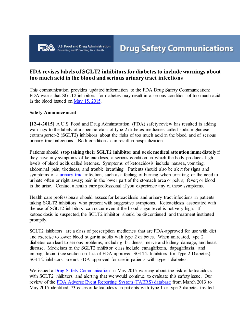 FDA Revises Labels of SGLT2 Inhibitors for Diabetes to Include Warnings About Too Much Acid in the Blood and Serious Urinary Tract Infections