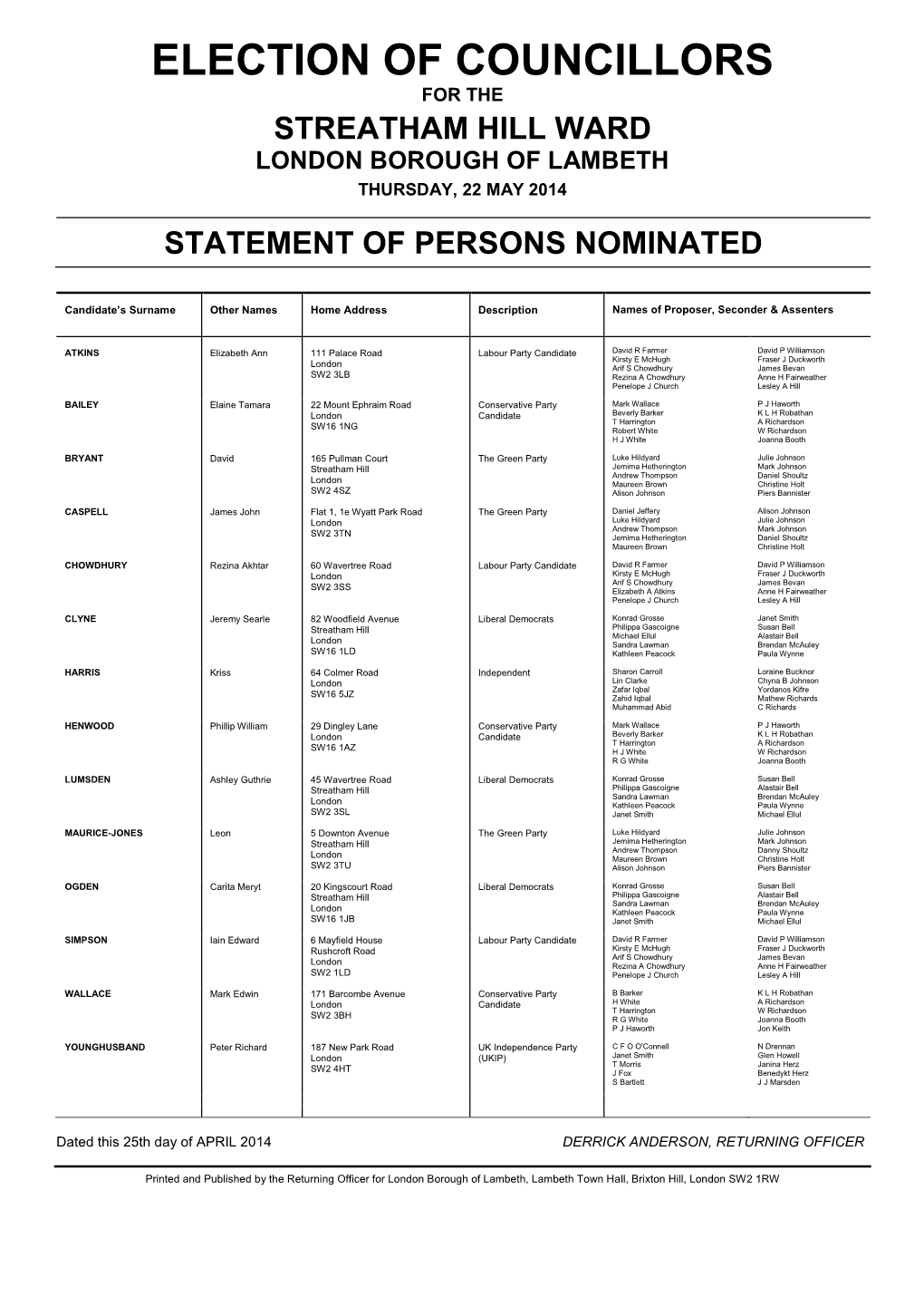 Election of Councillors for the Streatham Hill Ward London Borough of Lambeth