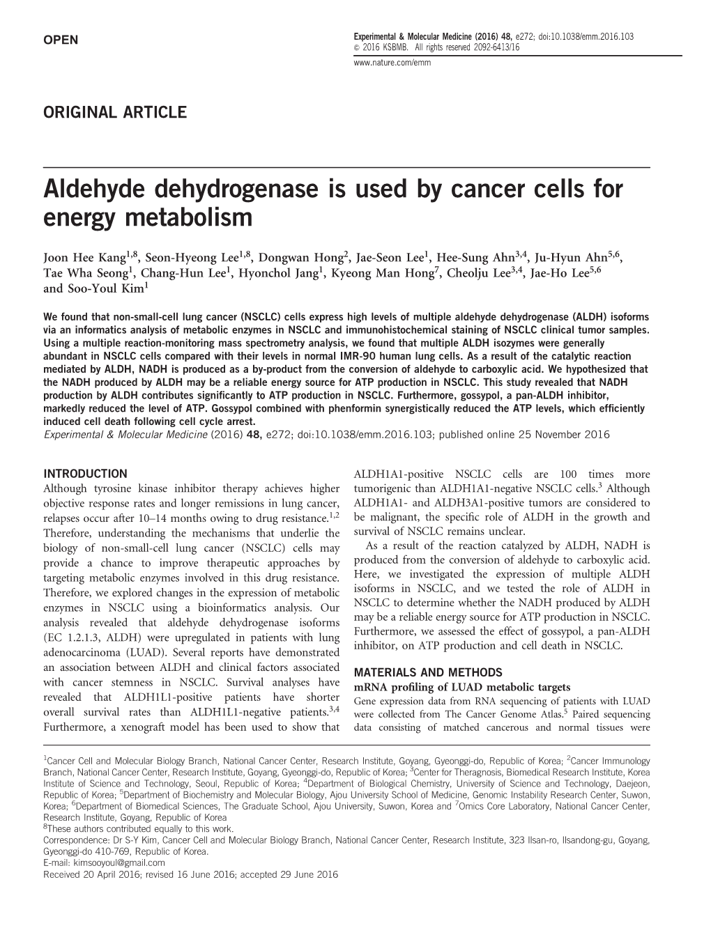 Aldehyde Dehydrogenase Is Used by Cancer Cells for Energy Metabolism