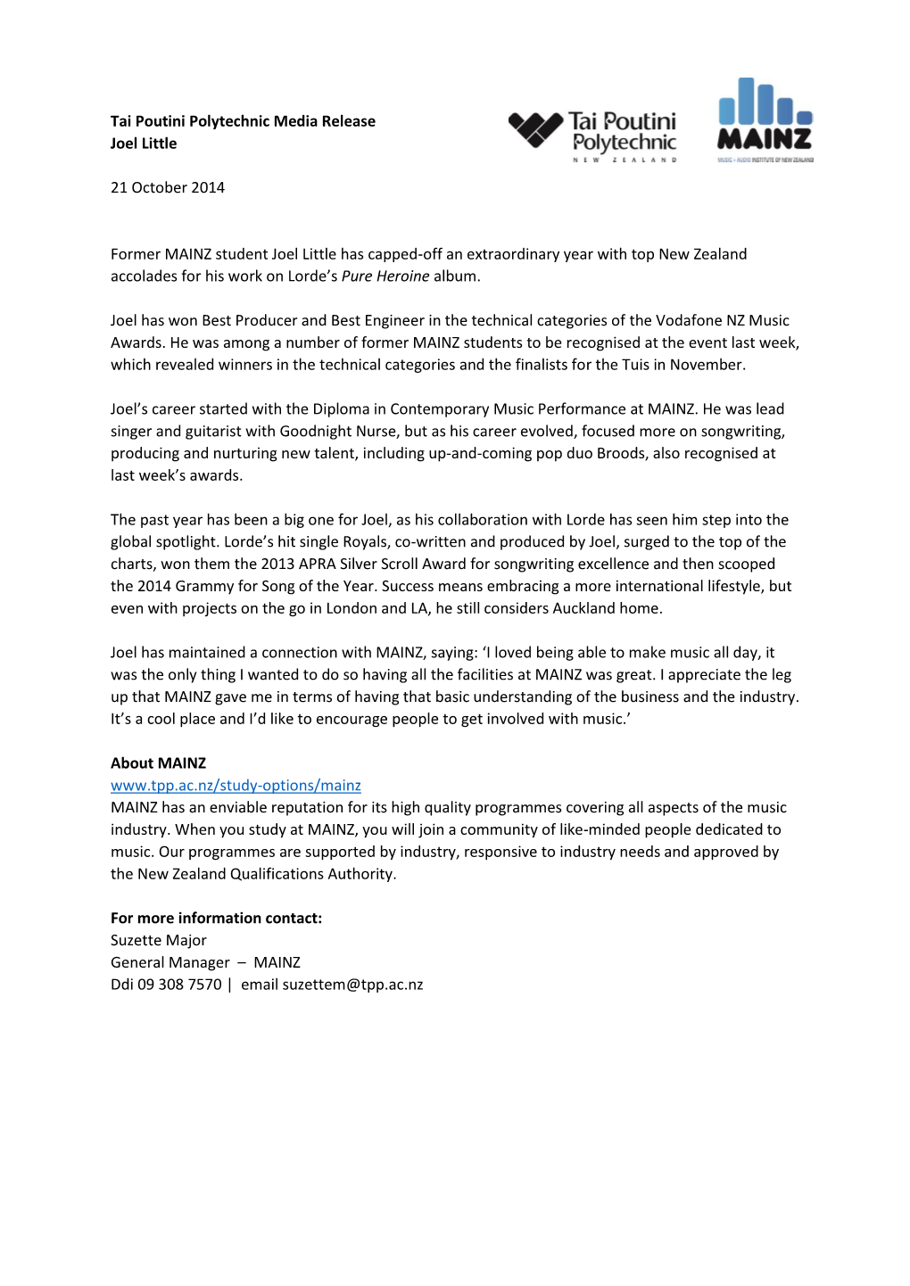 Tai Poutini Polytechnic Media Release Joel Little 21 October 2014