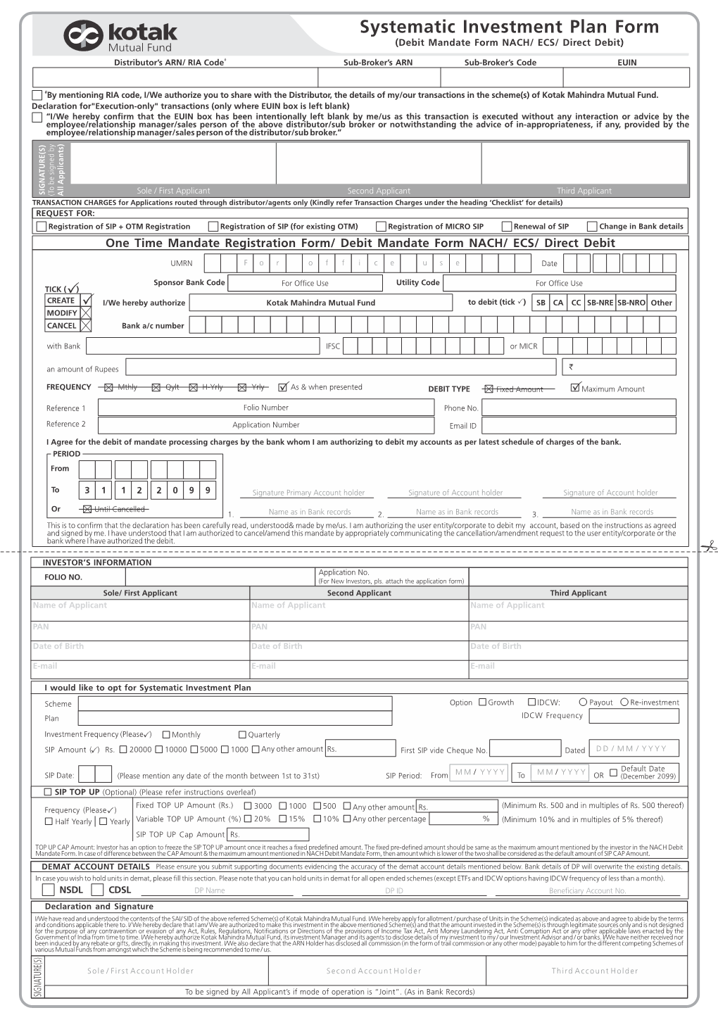 Systematic Investment Plan Form (Debit Mandate Form NACH/ ECS/ Direct Debit)