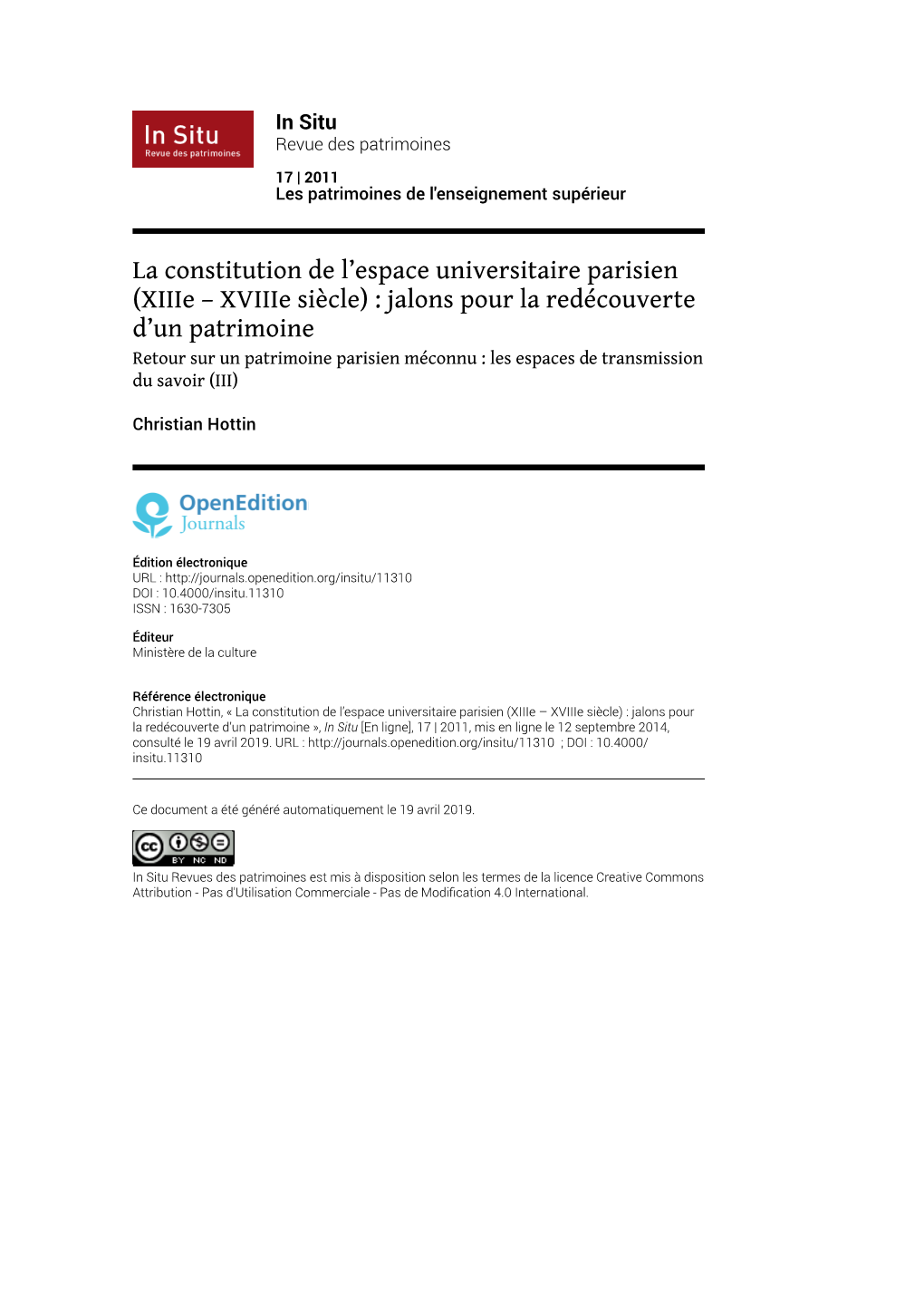 Xiiie – Xviiie Siècle) : Jalons Pour La Redécouverte D’Un Patrimoine Retour Sur Un Patrimoine Parisien Méconnu : Les Espaces De Transmission Du Savoir (III)