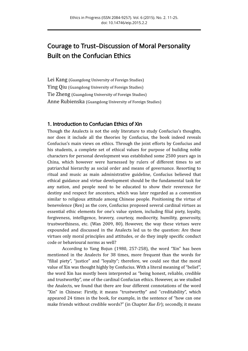 Courage to Trust–Discussion of Moral Personality Built on the Confucian Ethics