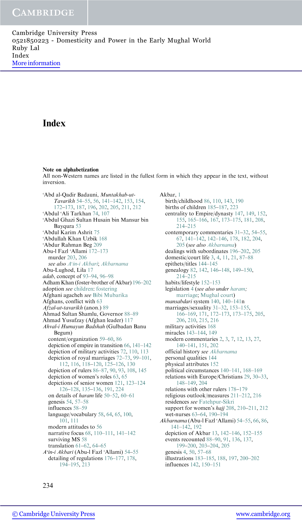 Domesticity and Power in the Early Mughal World Ruby Lal Index More Information