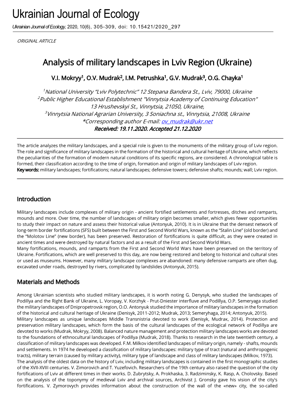 Analysis of Military Landscapes in Lviv Region (Ukraine)