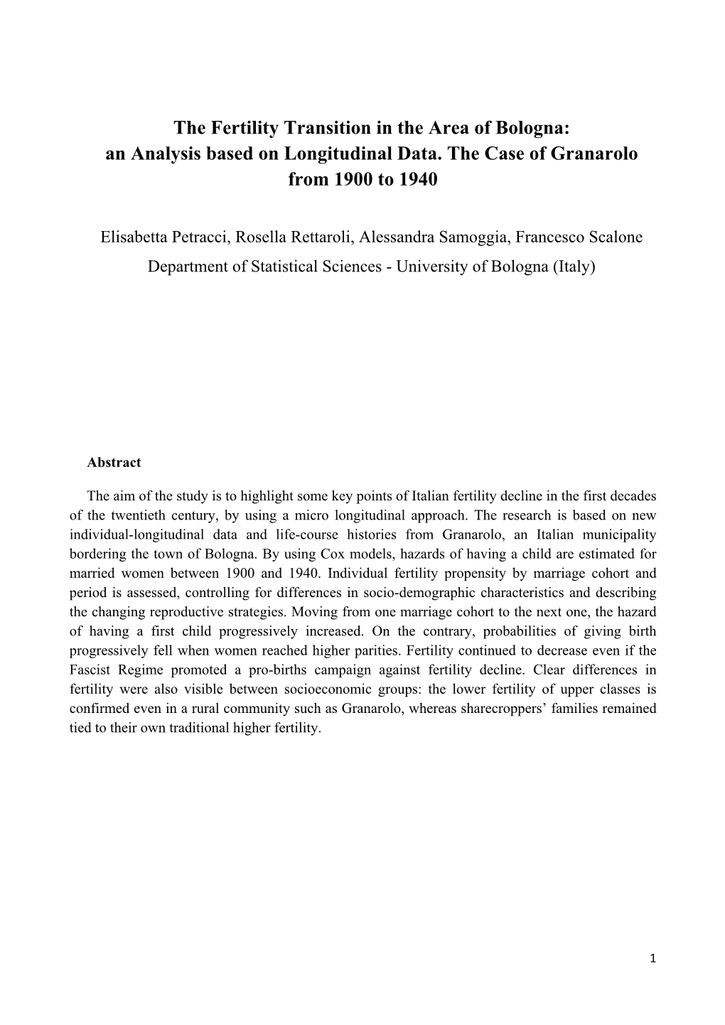 The Fertility Transition in the Area of Bologna: an Analysis Based on Longitudinal Data