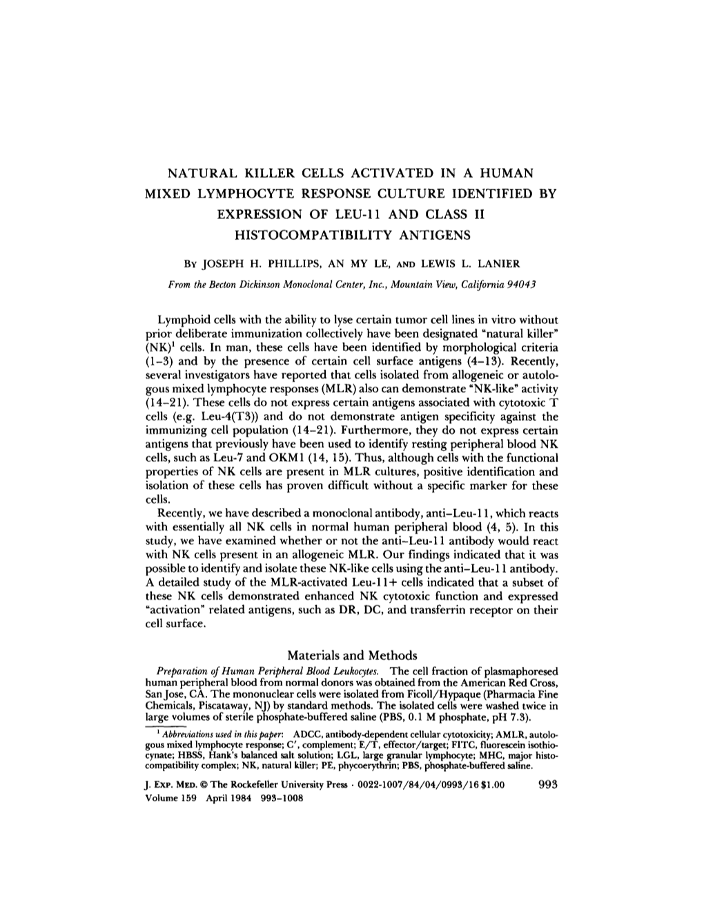 Natural Killer Cells Activated in a Human Mixed Lymphocyte Response Culture Identified by Expression of Leu-11 and Class Ii Histocompatibility Antigens