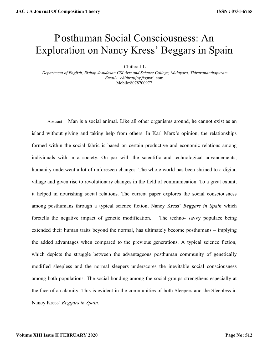 An Exploration on Nancy Kress' Beggars in Spain