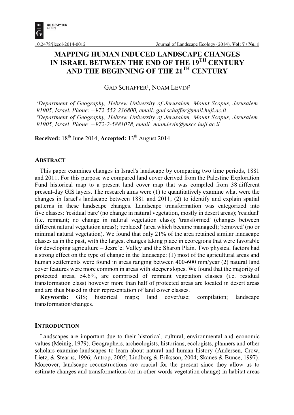 Mapping Human Induced Landscape Changes in Israel Between the End of the 19Th Century and the Beginning of the 21Th Century