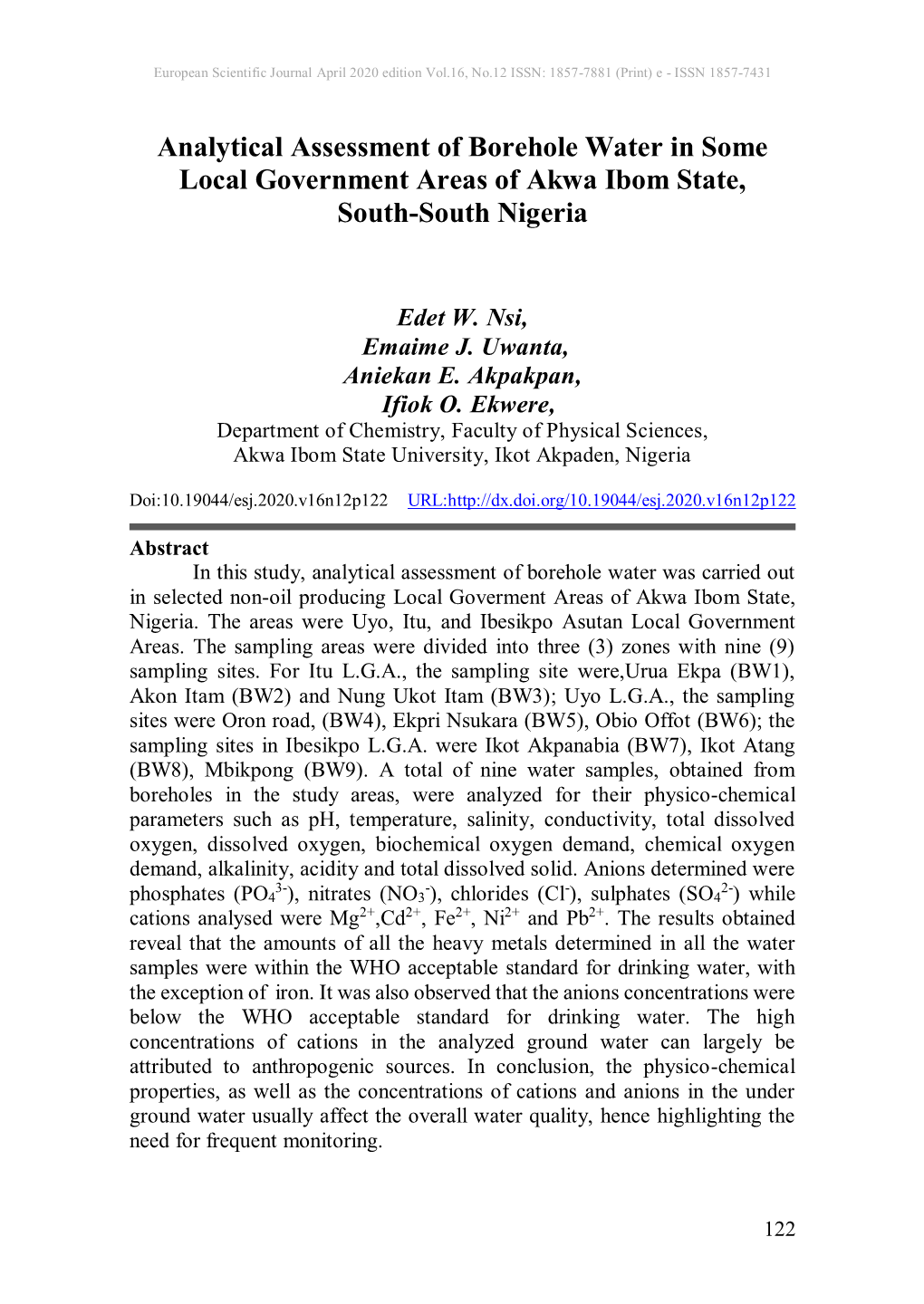 Analytical Assessment of Borehole Water in Some Local Government Areas of Akwa Ibom State, South-South Nigeria