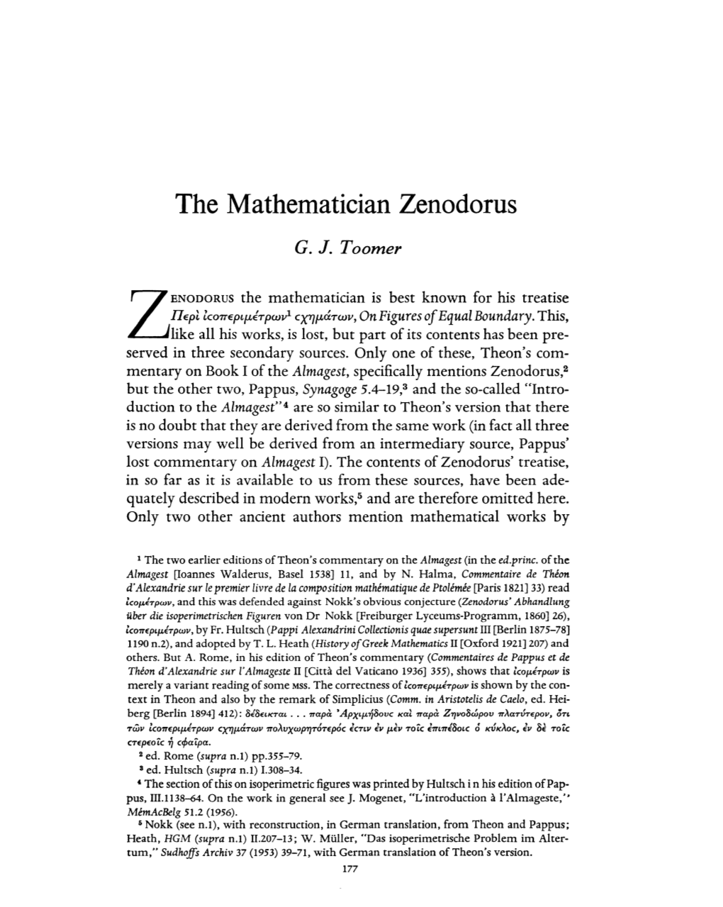 The Mathematician Zenodorus Toomer, G J Greek, Roman and Byzantine Studies; Summer 1972; 13, 2; Proquest Pg