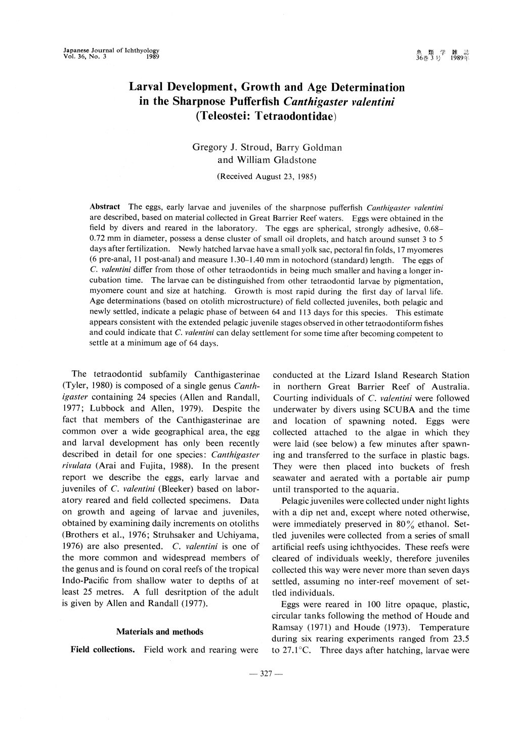 Larval Development, Growth and Age Determination in the Sharpnose Pufferfish Canthigaster Valentini (Teleostei: Tetraodontidae)