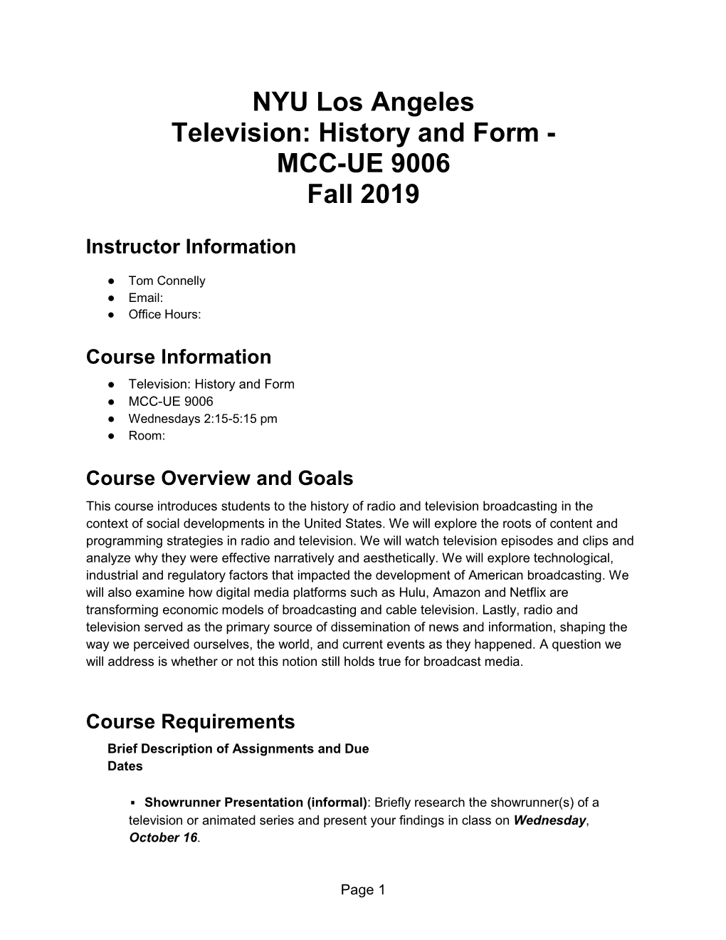 NYU Los Angeles Television: History and Form - MCC-UE 9006 Fall 2019