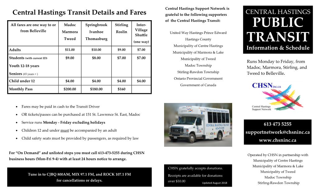 PUBLIC TRANSIT SCHEDULE - Effective Sept 4Th 2018 “Demand” and Unlisted Stops, Require 24 Hours Notice